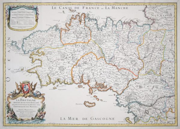 Carte géographique ancienne - la Bretagne divisée en ses 9 évêchés & Nantes