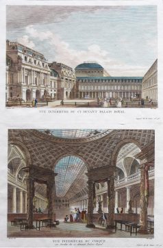 Gravure ancienne - Vue intérieure du Palais Royal & Vue intérieure du Cirque - Paris