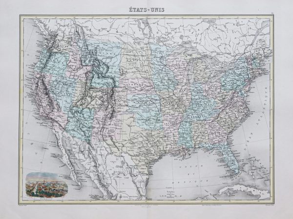 Carte géographique ancienne des Etats-Unis