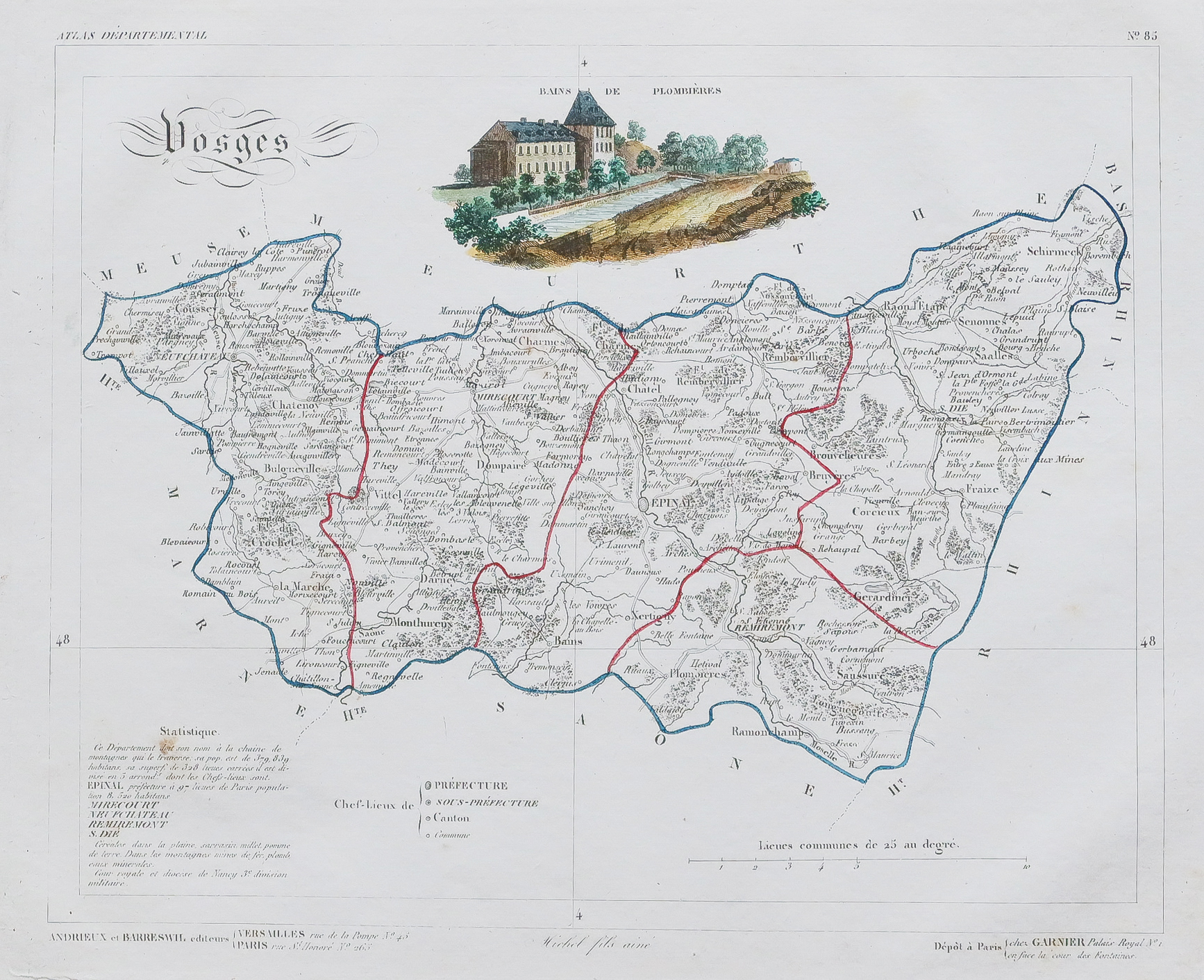 dép des VOSGES Carte géographique couleur illustrée 19°in folio:France 