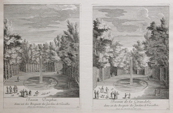 Gravure ancienne des bassins des Jardins de Versailles