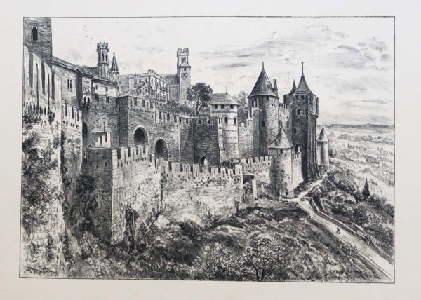 Lithographie ancienne de Carcassonne - Albert Robida