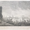 Gravure ancienne - Incendie d’un port - marine