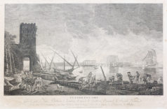 Gravure ancienne - Incendie d’un port - marine