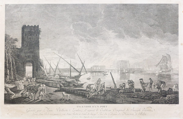 Gravure ancienne - Incendie d’un port - marine