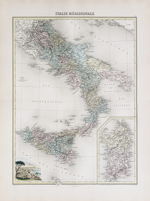 Carte géographique ancienne - Italie - Sicile - Sardaigne