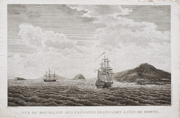 Gravure ancienne - Mouillage Des Frégates Françaises À L'Ile De Maui