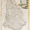 Epreuve originale réalisée en 1777. Antonio Zatta auteur. Beaux coloris anciens. Petits trous de ver dans la marge inférieure, loin de la carte. Bon état. Format feuille : 45,5 x 35,5 cm. Format gravure : 41,5 x 31,5 cm. Original antique map of 1777. Large cartouche de titre décoratif. Echelle des lieux. Limite colorée des régions.