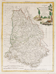 Epreuve originale réalisée en 1777. Antonio Zatta auteur. Beaux coloris anciens. Petits trous de ver dans la marge inférieure, loin de la carte. Bon état. Format feuille : 45,5 x 35,5 cm. Format gravure : 41,5 x 31,5 cm. Original antique map of 1777. Large cartouche de titre décoratif. Echelle des lieux. Limite colorée des régions.
