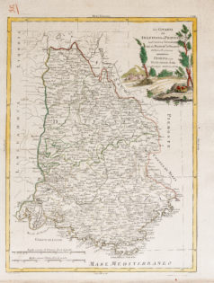 Epreuve originale réalisée en 1777. Antonio Zatta auteur. Beaux coloris anciens. Petits trous de ver dans la marge inférieure, loin de la carte. Bon état. Format feuille : 45,5 x 35,5 cm. Format gravure : 41,5 x 31,5 cm. Original antique map of 1777. Large cartouche de titre décoratif. Echelle des lieux. Limite colorée des régions.