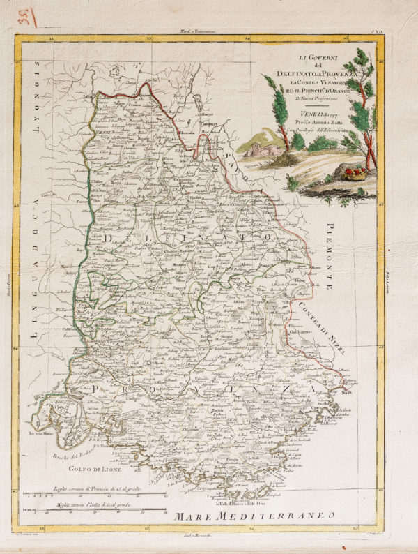 Epreuve originale réalisée en 1777. Antonio Zatta auteur. Beaux coloris anciens. Petits trous de ver dans la marge inférieure, loin de la carte. Bon état. Format feuille : 45,5 x 35,5 cm. Format gravure : 41,5 x 31,5 cm. Original antique map of 1777. Large cartouche de titre décoratif. Echelle des lieux. Limite colorée des régions.