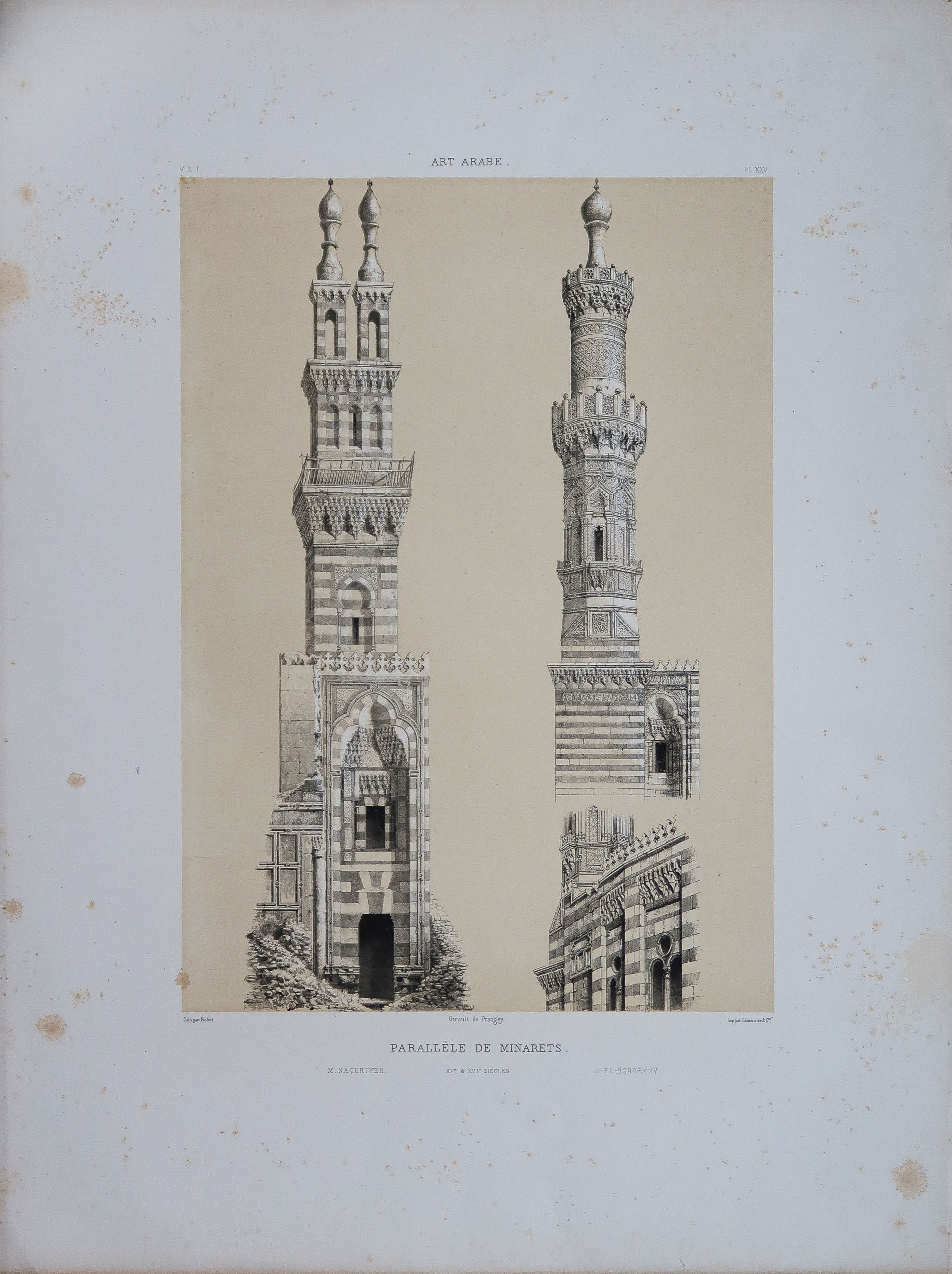 Lithographie ancienne - Minarets - Art arabe