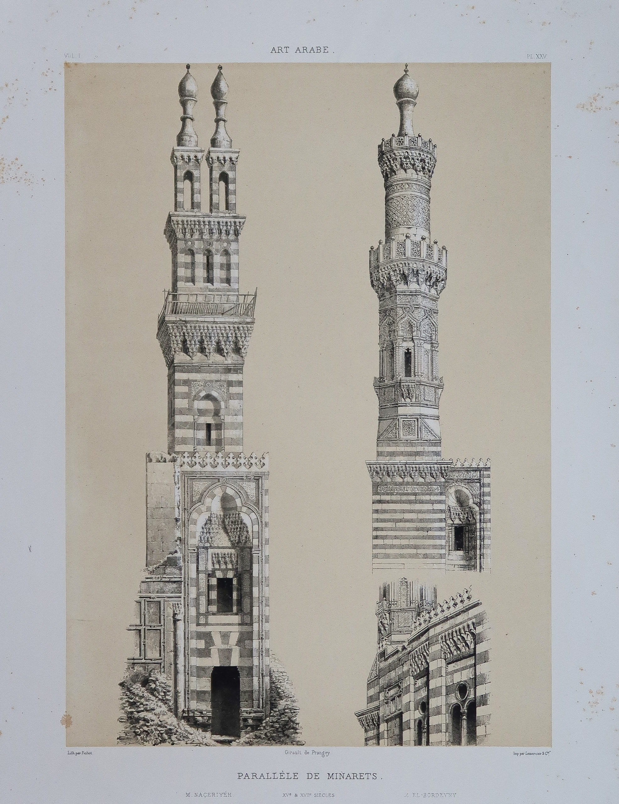Lithographie ancienne - Minarets - Art arabe