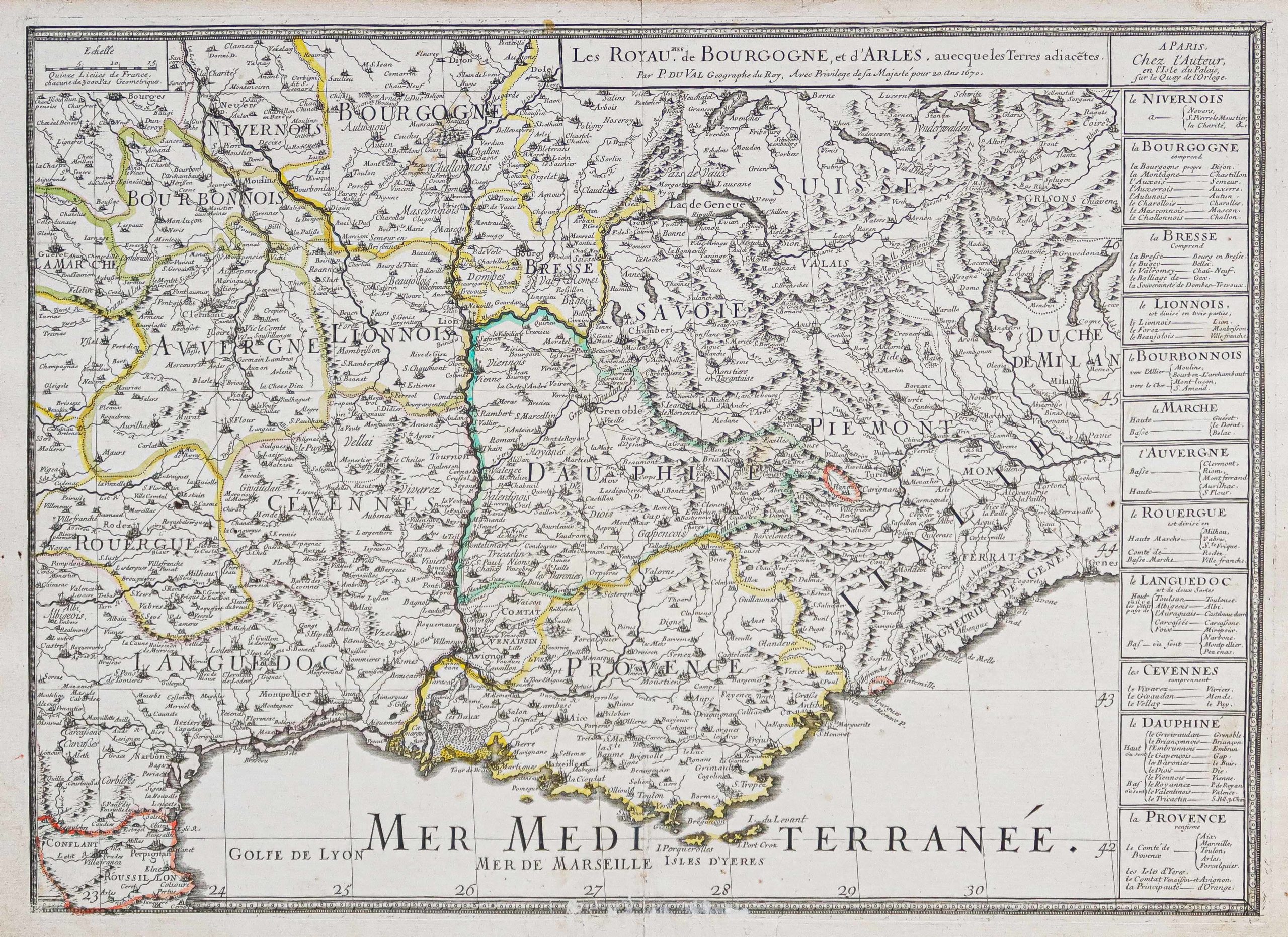 Carte géographique ancienne de la vallée du Rhône