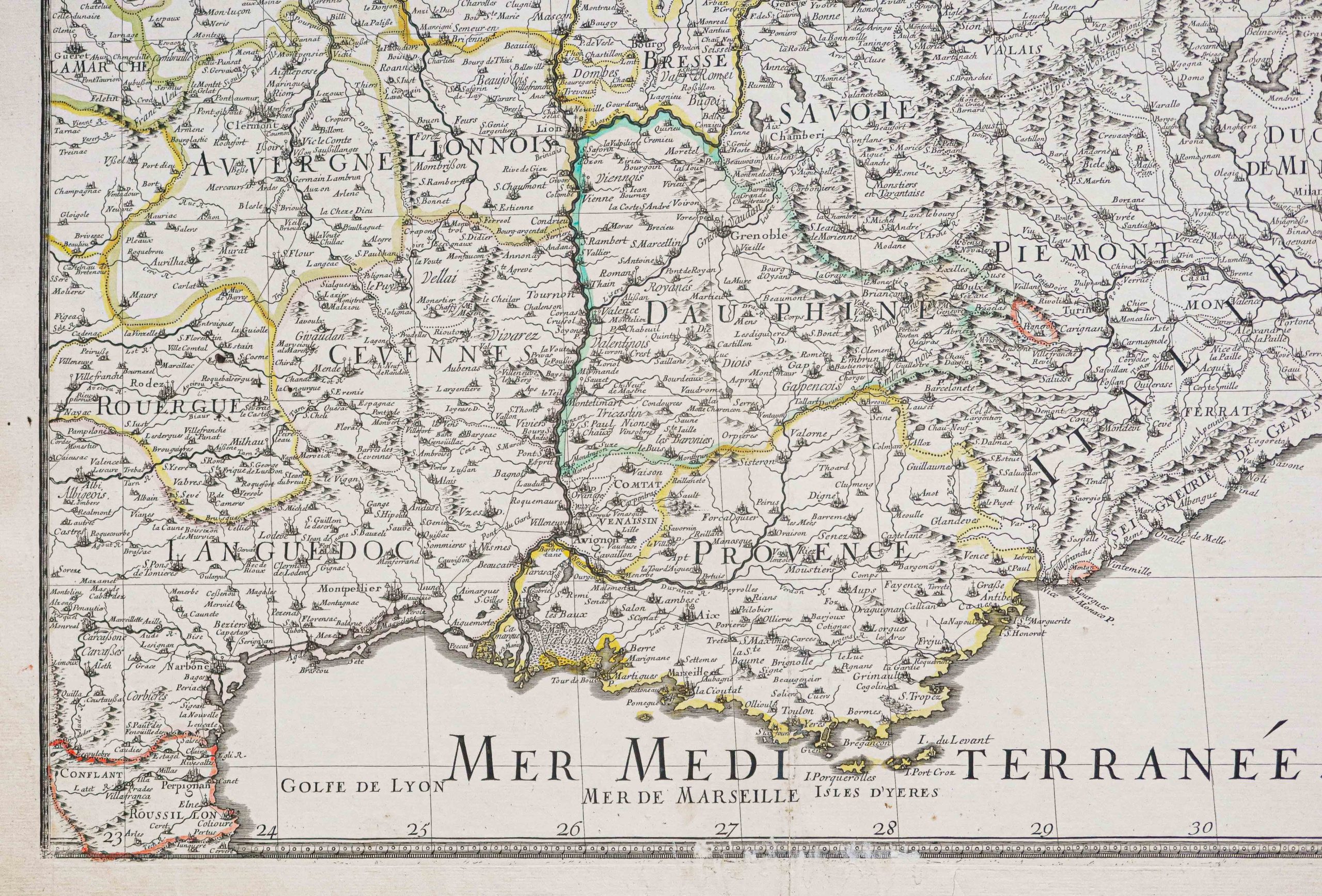 Carte géographique ancienne de la vallée du Rhône