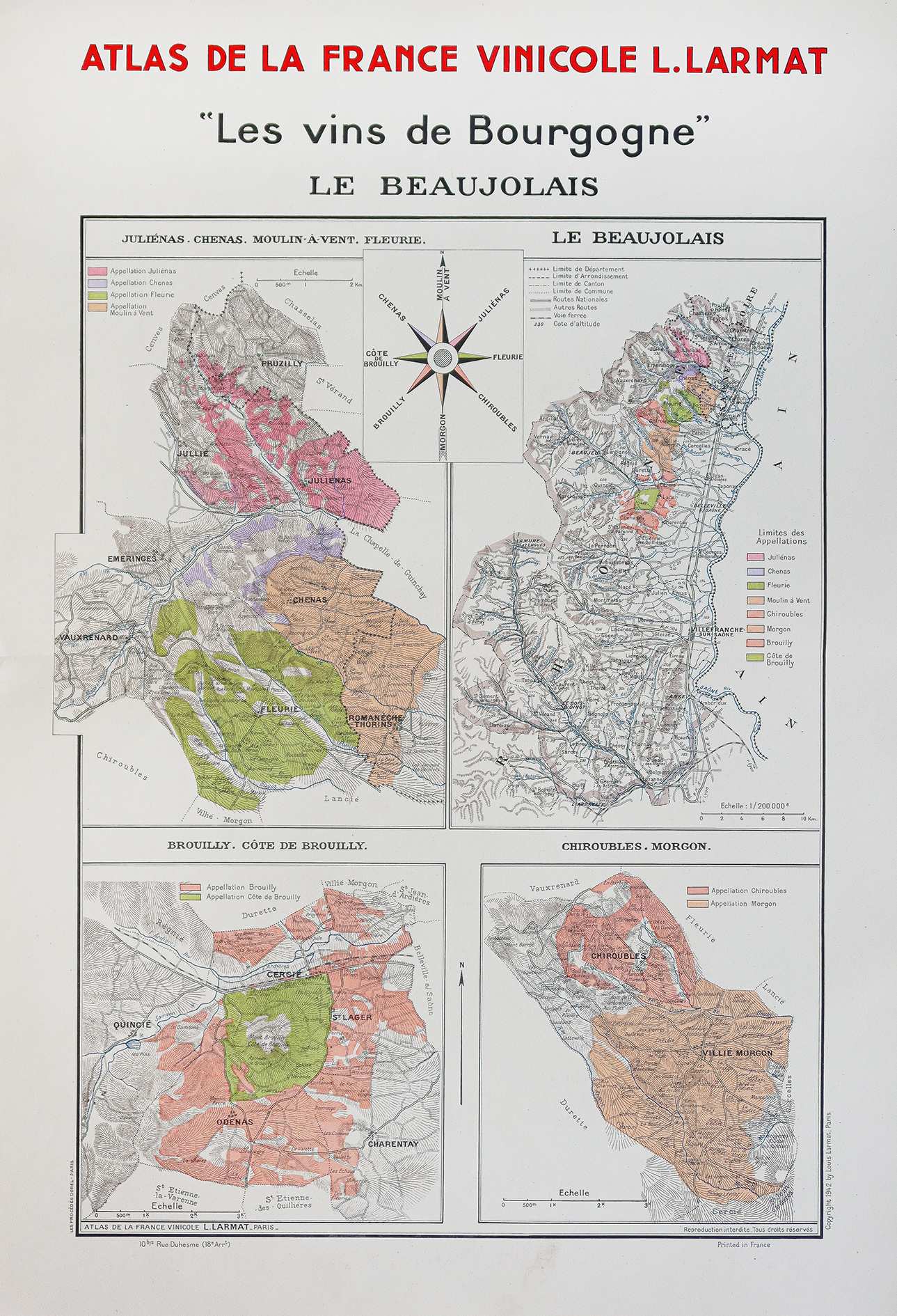 Carte vinicole ancienne de Bourgogne Le Beaujolais